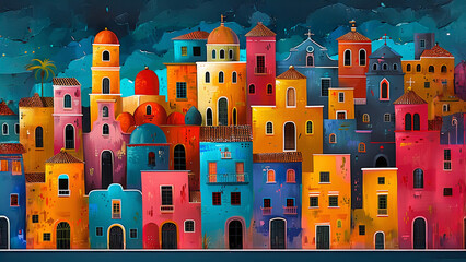 illustration Old City buildings simple colorful houses, in pastel patchwork of bold, vivid colors.