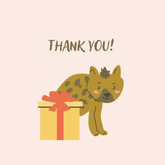Childrens animal card hyena with congratulation text. Cute african animal celebration design. Greeting card with little wild pet for Childish postcard.
