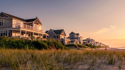 Obraz premium Beachfront houses at sunrise Weekapaug Westerly Rhode Island USA : Generative AI