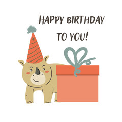 Childrens animal card hippo birthday with congratulation text. Cute african animal celebration design. Greeting card with little wild pet for Childish postcard.