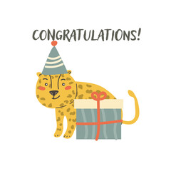 Childrens animal card with congratulation text. Cute african animal celebration design. Greeting card with little wild pet for Childish postcard with leopard.