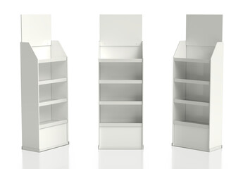 Retail temporary cardboard POS displays. 3d illustration set on white background