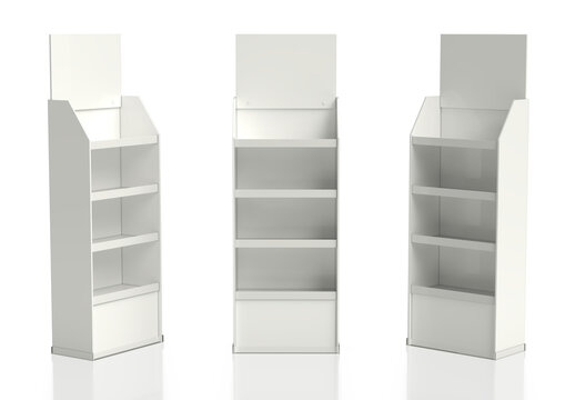 Retail temporary cardboard POS displays. 3d illustration set on white background