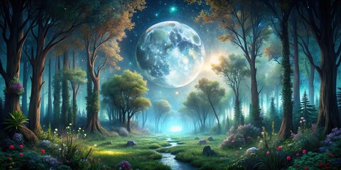 Enchanting landscape of a magical forest under the light of a full moon , Enchanting, landscape, magic, forest, moon, full moon