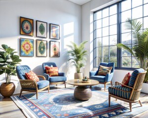 A living room with a blue couch and four other chairs