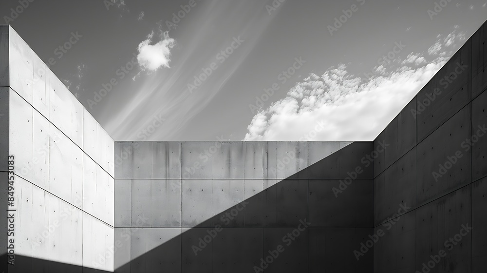 Aufkleber Modern house Building with Sunlight and Shadow on concrete wall surface in Perspective low angle view Geometric Architecture background in Minimal with Black and White style : Generative AI