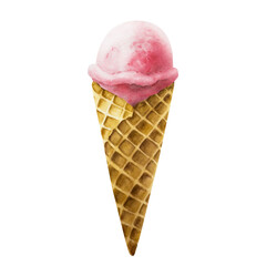 Scoop of strawberry, raspberry ice cream in crispy waffle cone. Hand painting sweet watercolor illustration isolated on background. For designers, menu, shop, decoration, restauran