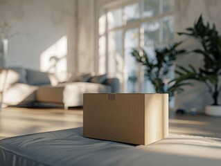 Cardboard box is illuminated by the sun shining through the windows of a modern living room