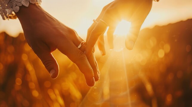 romantic couple holding hands fingers at sunset leaking wedding rings sunset rays bride groom wedding love couple golden