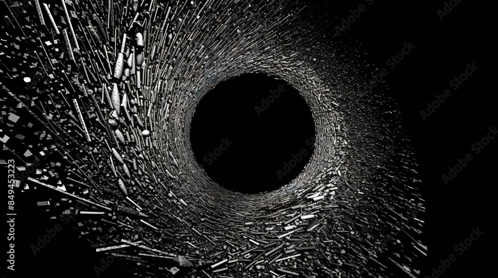 Poster Abstract dark background with light fractal ornament of moody black hole of web and particles.