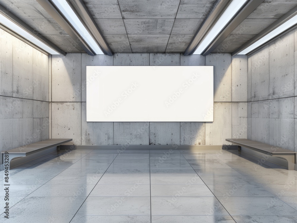 Poster Modern designer wall with empty white mock up billboard in empty underground interior. 3D Rendering.