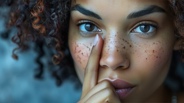 A close-up of a person's face, wearing a playful expression and holding a finger to their lips in a "shh" gesture, teasingly hinting at a secret, engaging the viewer's cur