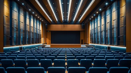 Naklejka premium Empty conference hall interior with rows of blue seats and an illuminated stage,providing a modern and spacious venue for corporate events,business meetings,lectures,or multimedia presentations.