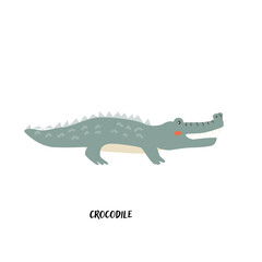 Childrens animal card for education. Kindergarten design. Cute african animal flash card on english language. Funny cartoon character crocodile poster for kids room with quotes.