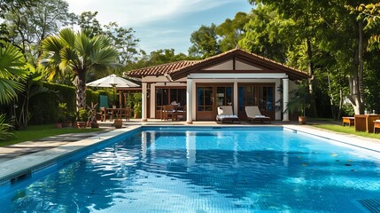 Fototapeta premium Beautiful pool house in backyard : Generative AI