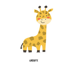Fototapeta premium Childrens animal card giraffe for education. Kindergarten design. Cute african animal flash card on english language. Funny cartoon character poster for kids room with quotes.