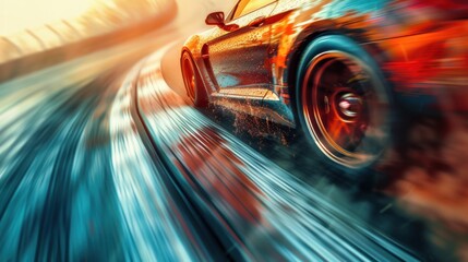 A race car speeding around a corner on a track, with tires kicking up smoke and dust. The car is sharply in focus while the background is blurred, suggesting high velocity. The track's curving lines