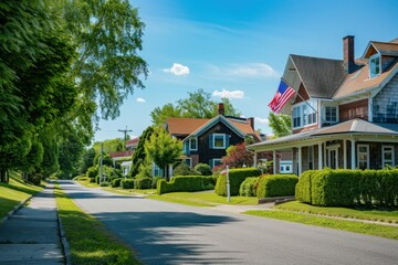Naklejka premium American flags flying in front of a beautiful home on a quaint street with green hedges and trees on a sunny day in a small town with a small downtown area Generative AI
