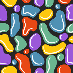 Сolorful liquid abstract organic blob shapes seamless pattern. Wavy bubbles and drops in trendy y2k style.  Great for textile, fabric, wallpaper, wrapping, scrapbook and packaging