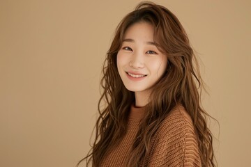 Obraz premium A beautiful Korean woman in her twenties with long, wavy hair wearing an elegant brown sweater against a pastel beige background for beauty and skin care advertising mockups.