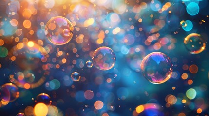 Abstract formation of colorful bubbles floating in the air, reflecting light and creating a visually stunning pattern.