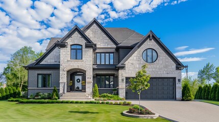 Real Estate Exterior Front House on a sunny day Big custom made luxury house with nicely landscaped front yard and driveway to garage in suburbs Modern designed home New construction h : Generative AI