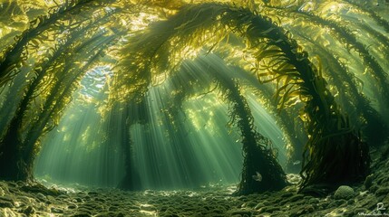 Obraz premium Enchanting underwater forest of swaying kelp, with sunlight creating ethereal patterns on the seabed below