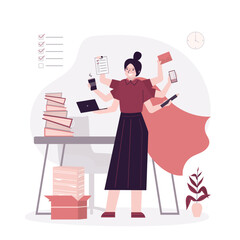 Hero businesswoman with many arms standing in office and doing many tasks at same time. Effective time management, business productivity.