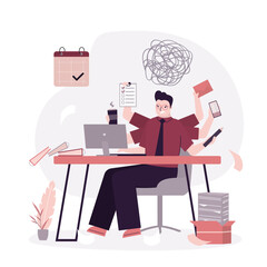 Businessman with many arms sitting at workplace in office and doing many tasks at same time. Burnout, mental stress, overload. Multitasking skills,