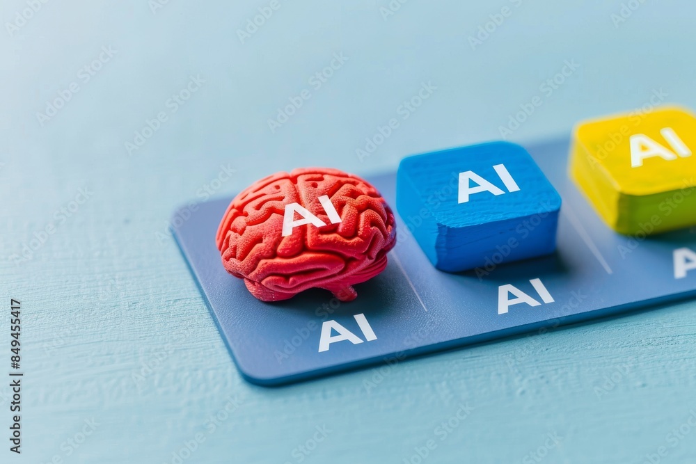 Poster close up of brain shaped ai models in vibrant blue and red, exploring cognitive science and machine 