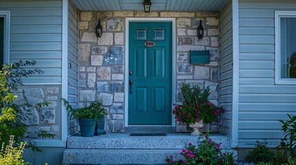 A detail of a front door on home with stone and white bricking siding beautiful landscaping and a colorful blue  green front door : Generative AI