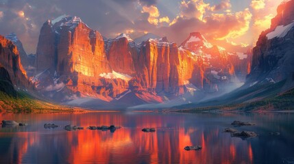 Fototapeta premium An awe-inspiring shot of towering mountains during sunrise, with the first rays of light illuminating the rugged cliffs and casting long shadows. The sky is painted in shades of orange and pink,
