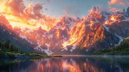 An awe-inspiring shot of towering mountains during sunrise, with the first rays of light illuminating the rugged cliffs and casting long shadows. The sky is painted in shades of orange and pink,