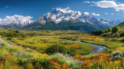 Fototapeta premium A stunning panoramic view of a majestic mountain range with snow-capped peaks under a clear blue sky. The foreground features a lush green valley dotted with wildflowers, and a crystal-clear river
