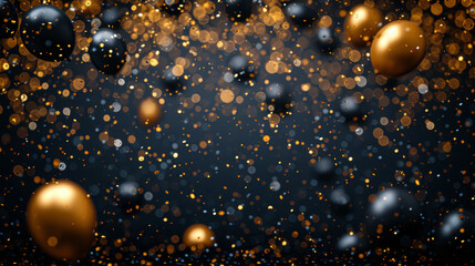 A black and gold background with many gold and black balloons
