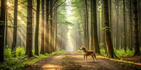 Lonely dog wandering in a dense forest , loneliness, isolated, canine, woods, lost, stray, animal, wildlife, nature