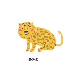 Childrens animal card leopard for education. Kindergarten design. Cute african animal flash card on english language. Funny cartoon character poster for kids room with quotes.
