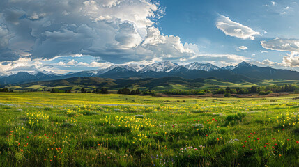 Obraz premium A large field of grass with a few flowers in it