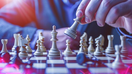 A close-up of a person's hand moving a chess piece on a board, representing strategic planning and decision-making in a competitive environment.