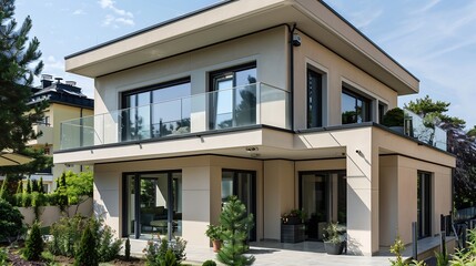 House or Villas Villas with Cream color Exterior view of 02 story house with modern design and having black glass windows : Generative AI