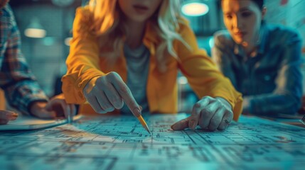 Obraz premium A team of professionals working together, analyzing a large blueprint and discussing strategic solutions to a challenging project.