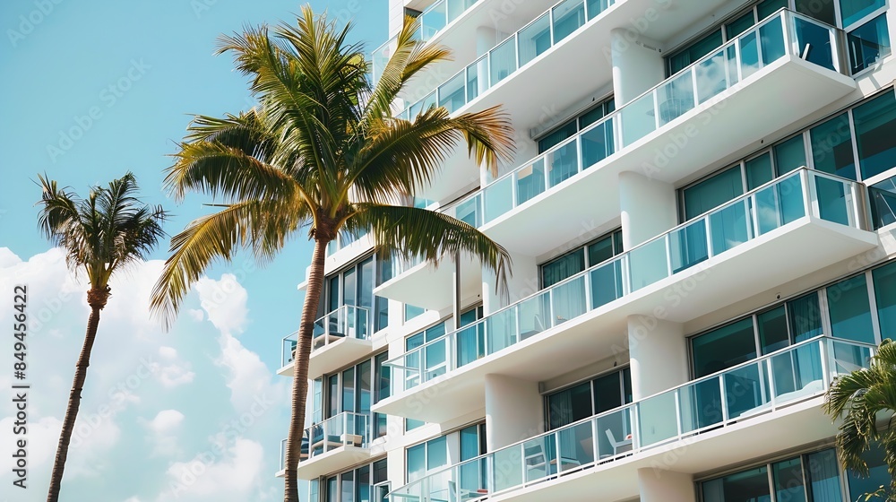 Poster modern apartment building or house with palm trees at miami view from road : generative ai