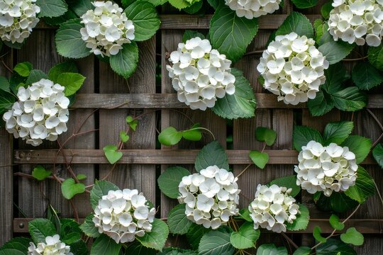A row of white flowers are growing on a wooden fence