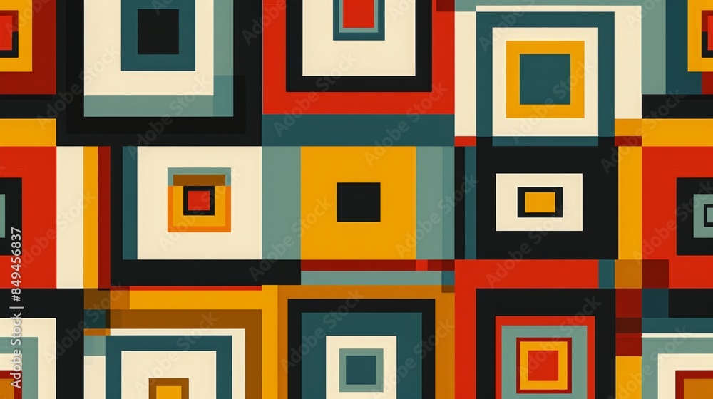 Poster a digital illustration of interlocking squares in a repeating pattern, using bold colors and clean l