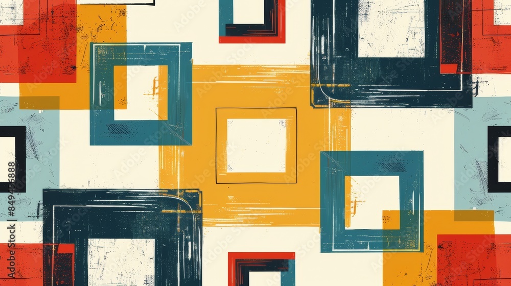 Poster a digital illustration of interlocking squares in a repeating pattern, using bold colors and clean l