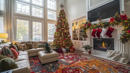 A beautifully decorated living room adorned with festive holiday decor. A large Christmas tree stands tall in the corner, draped with twinkling lights and colorful ornaments. Stockings hang from the