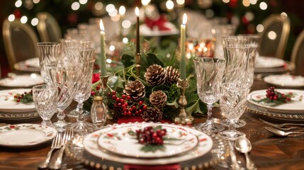 A festive holiday table setting ready for a Christmas feast. The table is elegantly decorated with a red and green color scheme, featuring a centerpiece of pine cones, holly, and candles. Each place
