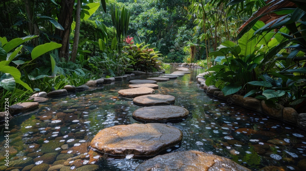 Poster an idyllic riverside view showing the gentle flow of water over smooth stones, surrounded by lush gr