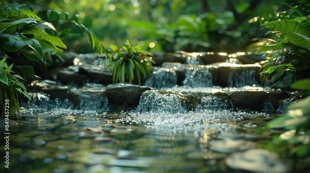 Poster an idyllic riverside view showing the gentle flow of water over smooth stones, surrounded by lush gr