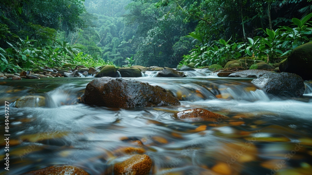 Poster an idyllic riverside view showing the gentle flow of water over smooth stones, surrounded by lush gr